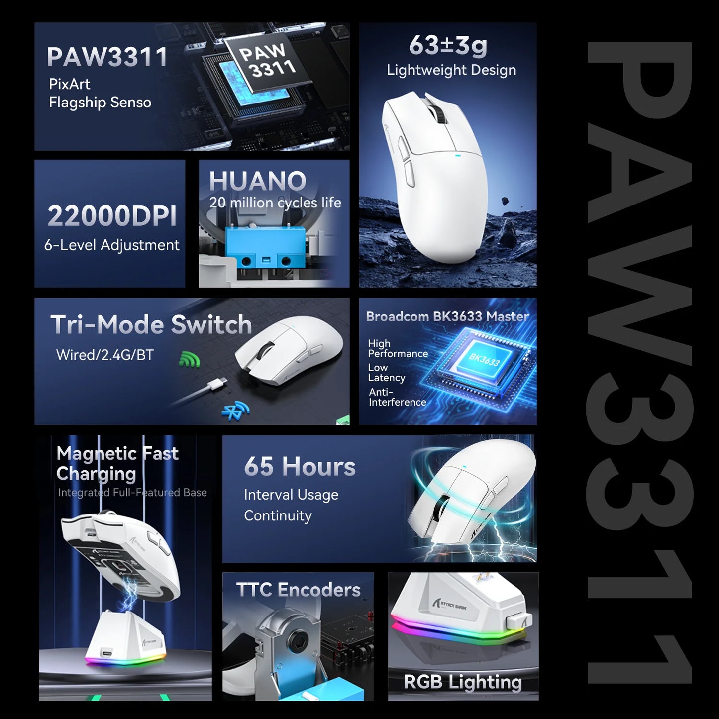 Attack Shark X11 hárommódú gaming egér mágneses töltődokkolóval, PixArt PAW3311 érzékelővel, 22K DPI, BT/2.4Ghz/vezetékes, PC/MAC-hez