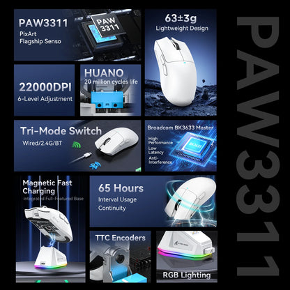 Attack Shark X11 hárommódú gaming egér mágneses töltődokkolóval, PixArt PAW3311 érzékelővel, 22K DPI, BT/2.4Ghz/vezetékes, PC/MAC-hez