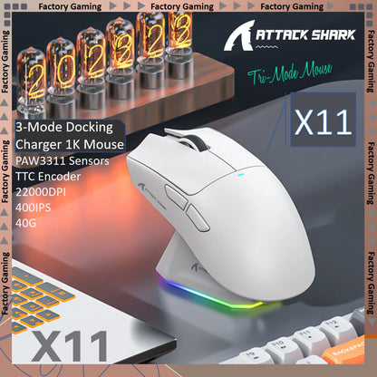 ATTACK SHARK X11 trojrežimová ľahká herná myš s PAW3311,22000DPI,400IPS,40G,59g,magnetickým rýchlonabíjaním,RGB podsvietením