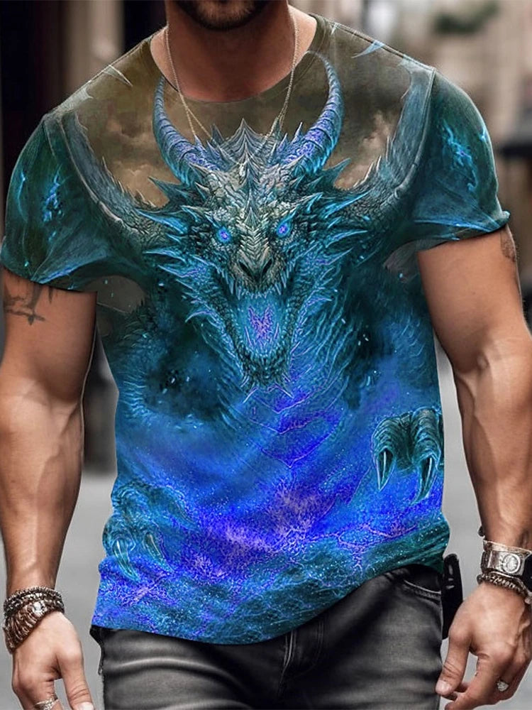 2024 Summer Street Style Fashion Men's T-shirt Urban Everyday Casual Short-sleeved Top 3D Dragon Print Men's Outdoor T-shirt