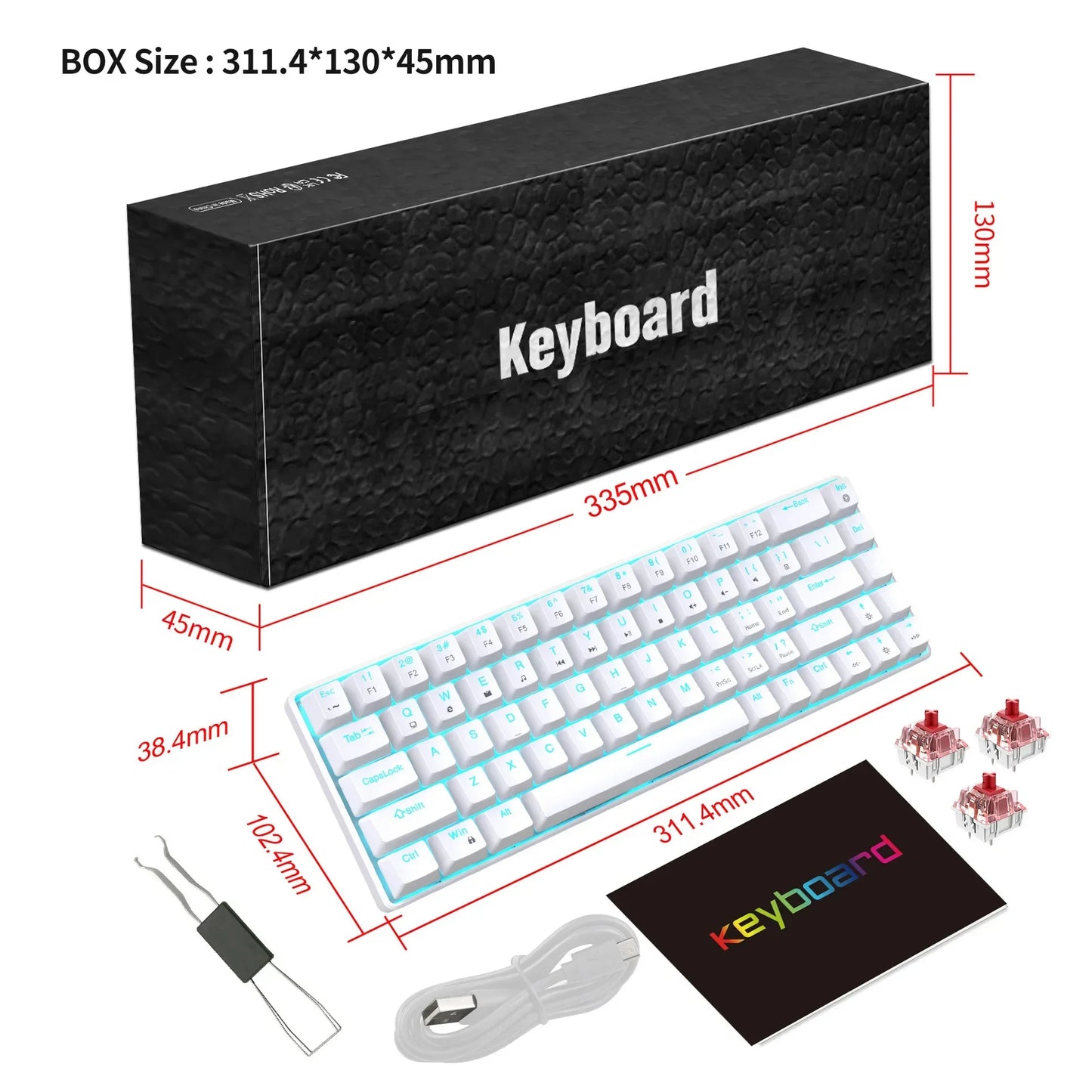 Glo 68 Keys Mechanical Keyboard Ergonomics RGB Backlit LED Hot Swappable Blue Switch Gaming Keyboard for PC Laptop Office