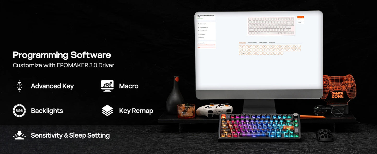 EPOMAKER TH80 V2 PRO 75% ANSI US Layout Wired/Bluetooth/2.4Ghz Wireless Mechanical Gaming Keyboard with Screen/ Knob & 10000mAh