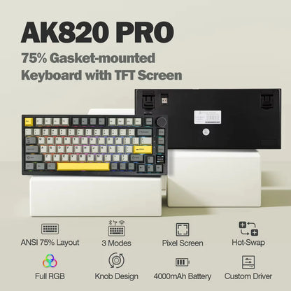 Ajazz AK820 Pro 75% Bluetooth 5.1/2.4G Wireless/Wired Gasket-mounted Mechanical Keyboard with TFT Screen for Mac/Win