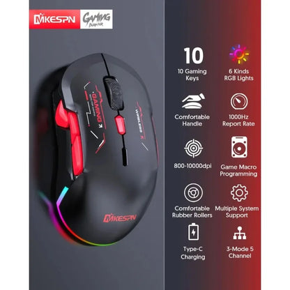 Mouse gaming macro MKESPN W12 cu 10 butoane, ambidextru, wireless Bluetooth, multicanal, tri-mode, ergonomic, RGB mare