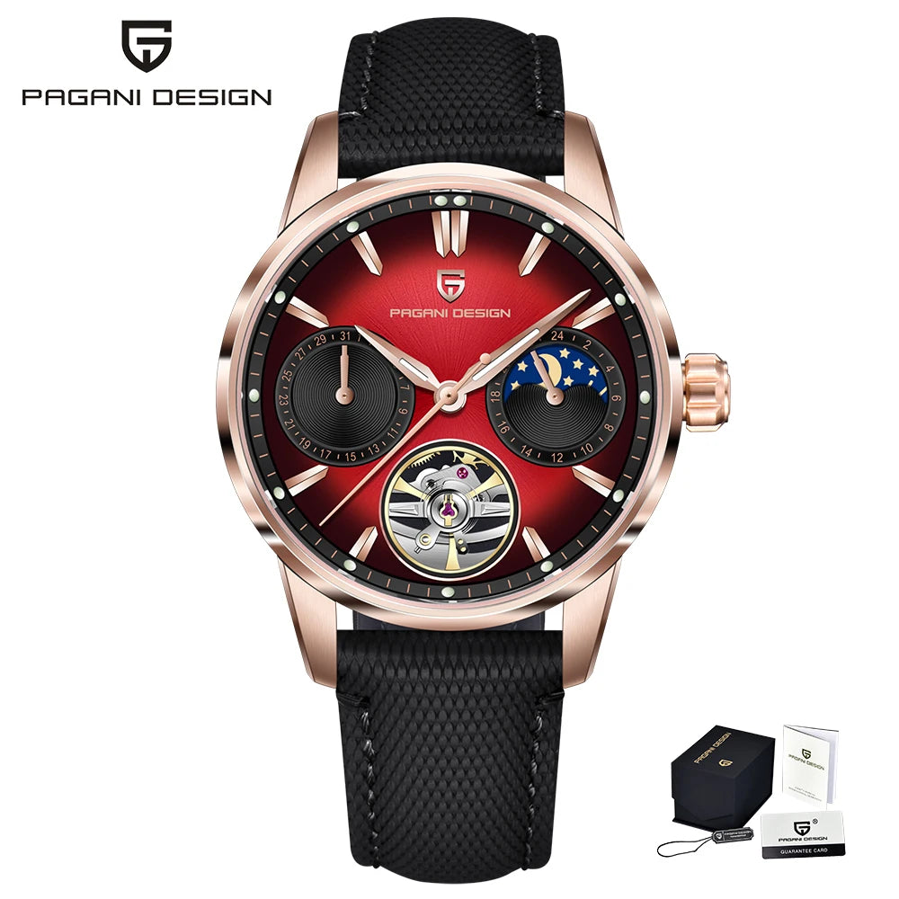 PAGANI DESIGN – Relógio mecânico de luxo para homem, 41 mm, vidro de safira, bracelete em pele, estanque, estilo piloto, com turbilhão e fase lunar