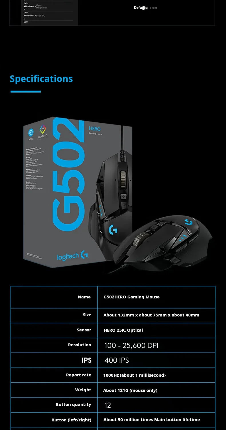 Mouse gaming cablato Logitech G502 HERO ad alte prestazioni, sensore HERO 25K, 25,600 DPI, RGB, pesi regolabili, 11 pulsanti, mouse PC/Mac