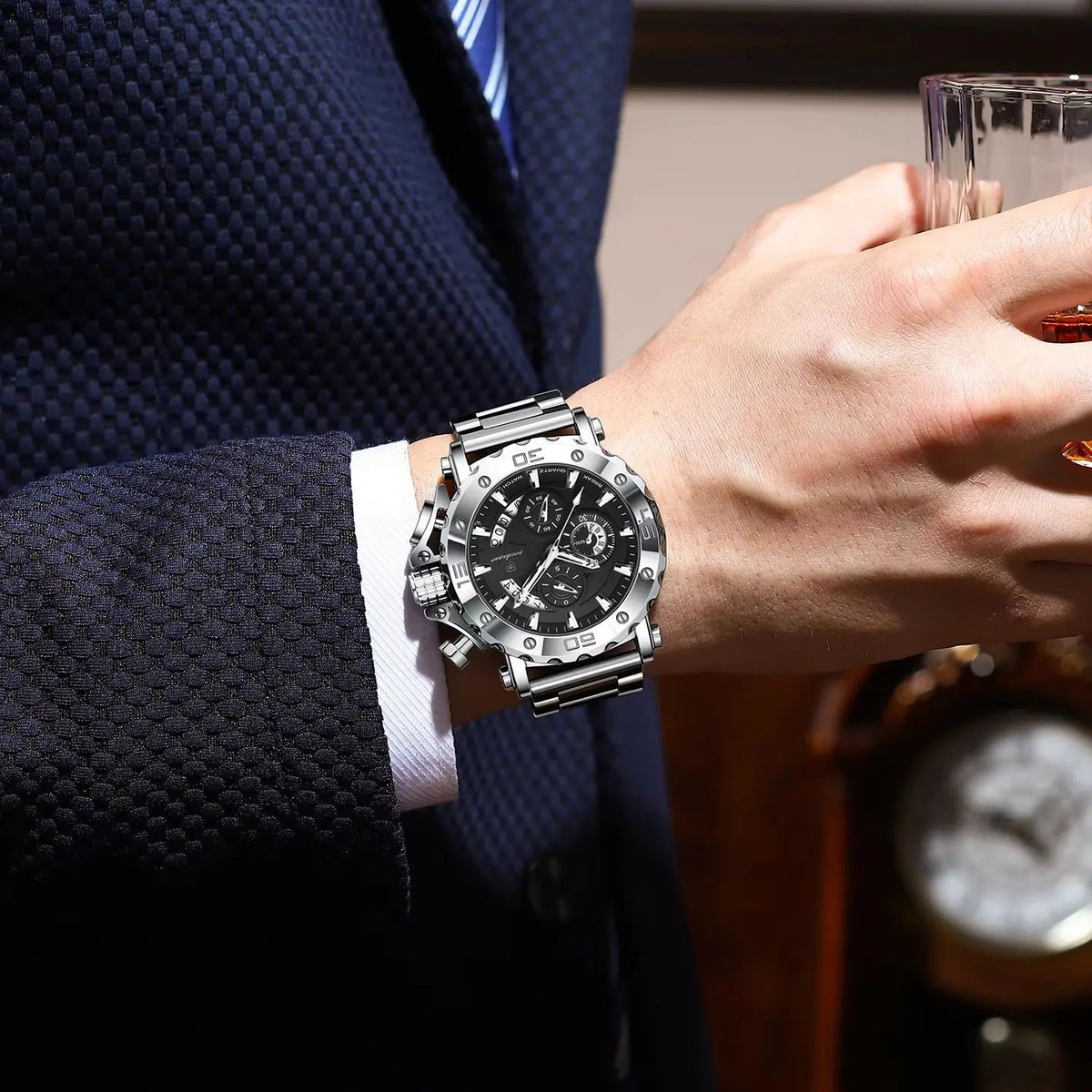 Orologio da uomo di lusso POEDAGAR, luminescente, impermeabile, cronografo, datario, acciaio inossidabile, al quarzo, Reloj