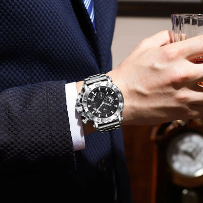 Orologio da uomo di lusso POEDAGAR, luminescente, impermeabile, cronografo, datario, acciaio inossidabile, al quarzo, Reloj