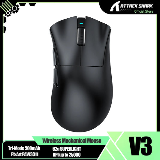 ATTACK SHARK V3 Superlight Wireless Gaming Mouse, 62g PixArt PAW3311 Sensor, Tri-Mode BT/2.4G/Wired, 25000 DPI RGB Gaming Mouse
