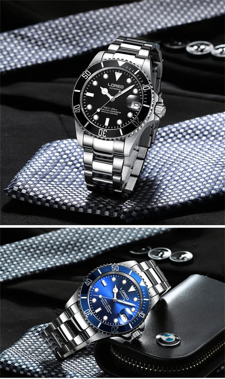 LOREO New Sapphire Glass Automatic Mechanical Watch Luxury Steel 200m Waterproof Business Watch Men Watches Reloj Hombre
