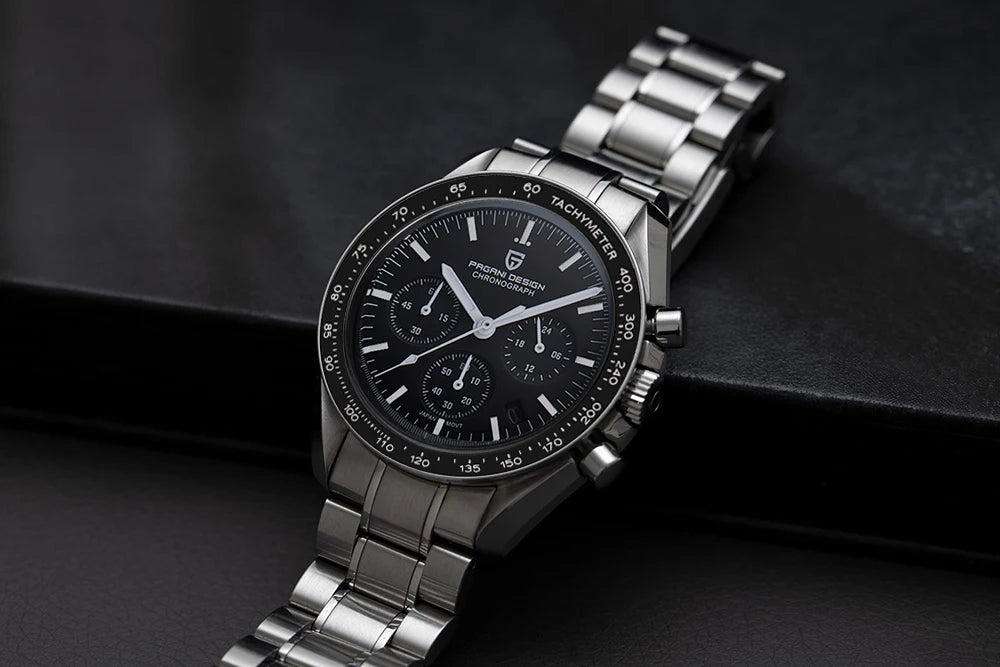 Zegarek PAGANI DESIGN Moon – luksusowy męski chronograf kwarcowy w sportowym stylu, szafirowe szkło z powłoką antyrefleksyjną, luminescencyjny wyświetlacz