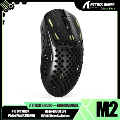 MAMBASNAKE M2 ultralichte draadloze gamingmuis, PAW3395PRO-sensor 40000 DPI, 41g koolstofvezel, tri-mode