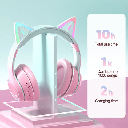 RGB Cat Ear Bluetooth Headphones Wireless Kids Headset with Microphone, Gradient LED Light Gaming Headphones, Stereo Music Bluetooth 5.3 Earphones for Girls
