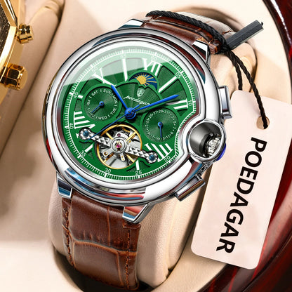 POEDAGAR Herrenuhr im luxuriösen und professionellen Stil, mit Datums- und Wochentagsanzeige, Tourbillon, Edelstahlgehäuse, mechanischem Automatikwerk und Wasserdichtigkeit.