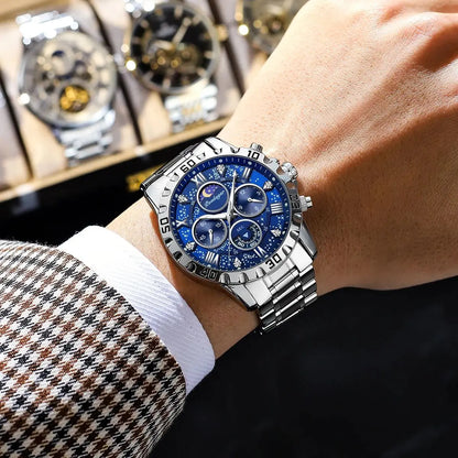 Pánské hodinky POEDAGAR – luxusní chronograf, vodotěsné a luminiscenční, z nerezové oceli, ve sportovním a vojenském stylu, s quartzovým strojkem
