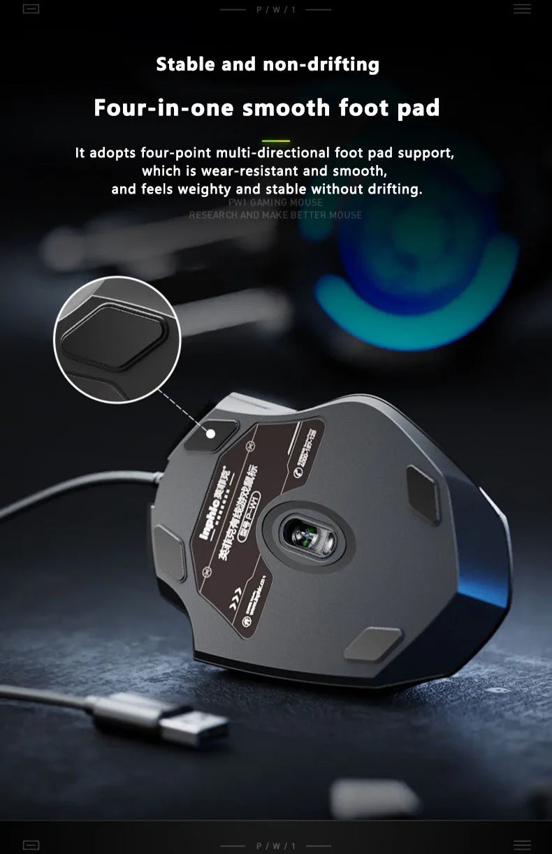 Káblová myš Inphic W1 Esports Gaming Mouse s programovateľnými makrami, nastaviteľným DPI a tichým chodom do kancelárie