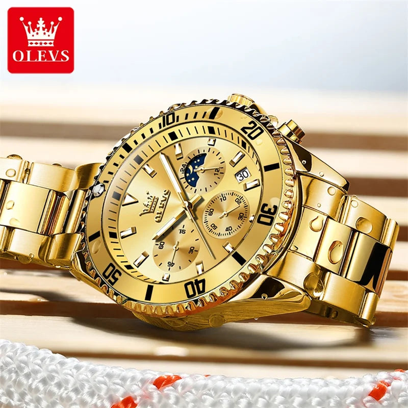 OLEVS men’s watch, luxury brand, gold-coloured military-style quartz watch, water-resistant, luminous date display, stainless steel case.