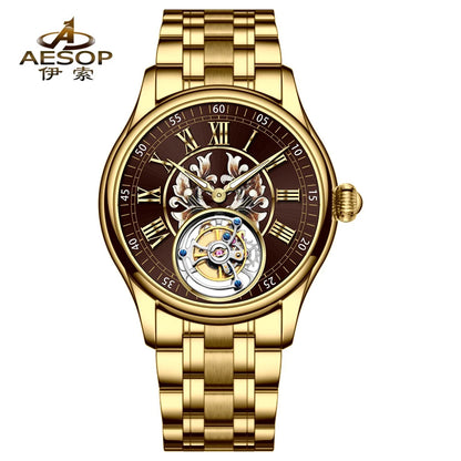 aesop Men's Watch Automatic Movement Mechanical Tourbillon Watch Skeleton Design Stainless Steel Case Waterproof Men's Watch 202