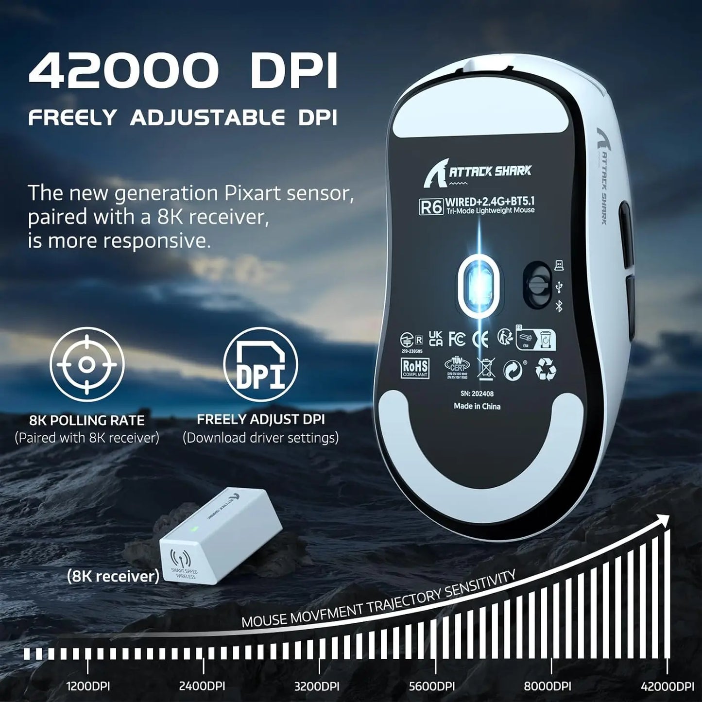 Attack Shark R6 leichte kabellose Gaming-Maus, Computermaus mit PAW 3950Max-Sensor, Nordic 52480 und 8KHz Polling