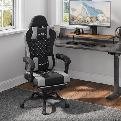 WOLTU snurrbar datorstol med massagefunktion, ergonomisk kontorsstol med kudde och fotstöd, höjdjusterbar gamingstol