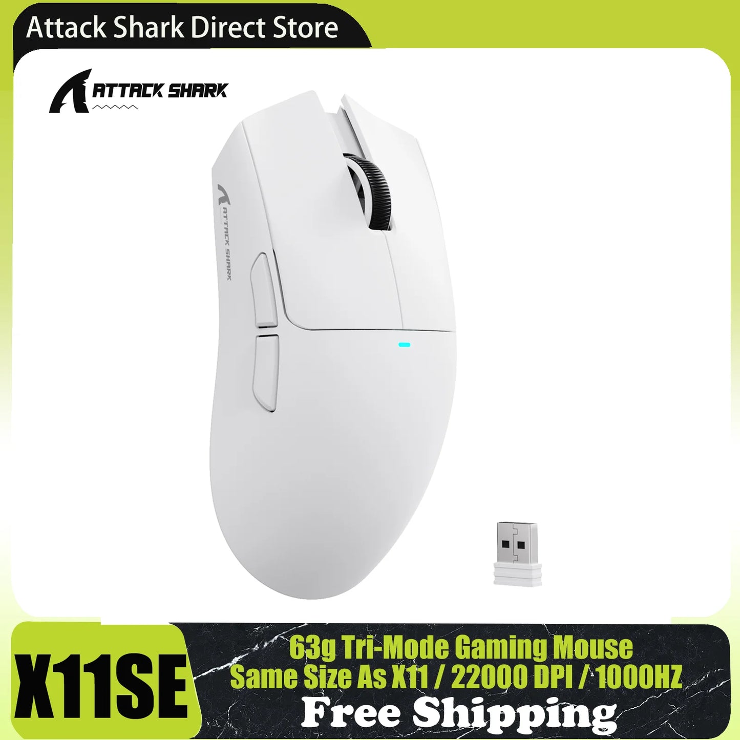 Bezdrôtová herná myš ATTACK SHARK X11SE, trojrežimové pripojenie, superľahká 63g s PAW3311 senzorom, 22000 DPI, 300mAh batéria, duálny ovládač