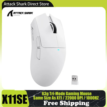 Bezdrôtová herná myš ATTACK SHARK X11SE, trojrežimové pripojenie, superľahká 63g s PAW3311 senzorom, 22000 DPI, 300mAh batéria, duálny ovládač