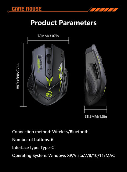 Wireless Gaming Mouse Dual Mode Bluetooth 2.4G Rechargeable Silent Ergonomic Mouse with Adjustable DPI, Type-C Wireless Gaming Mouse for PC, Laptop & Mac