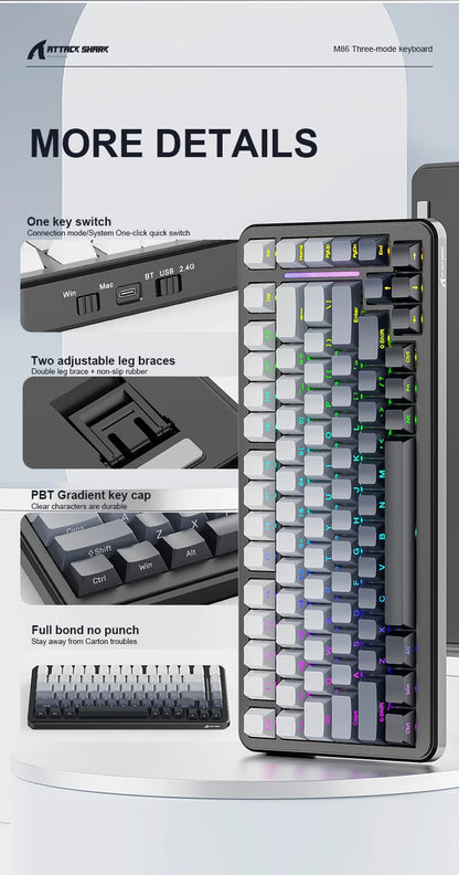 Attack Shark M86 Wireless Mechanical Keyboard 75% Compact RGB Backlit Hot-Swappable Side-Printed PBT Keycaps Tri-Mode 4000mAh