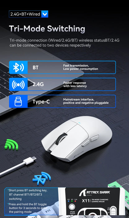 ATTACK SHARK X11 trojrežimová ľahká herná myš s PAW3311,22000DPI,400IPS,40G,59g,magnetickým rýchlonabíjaním,RGB podsvietením