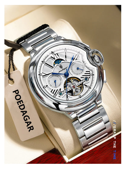 POEDAGAR Herrenuhr im luxuriösen und professionellen Stil, mit Datums- und Wochentagsanzeige, Tourbillon, Edelstahlgehäuse, mechanischem Automatikwerk und Wasserdichtigkeit.