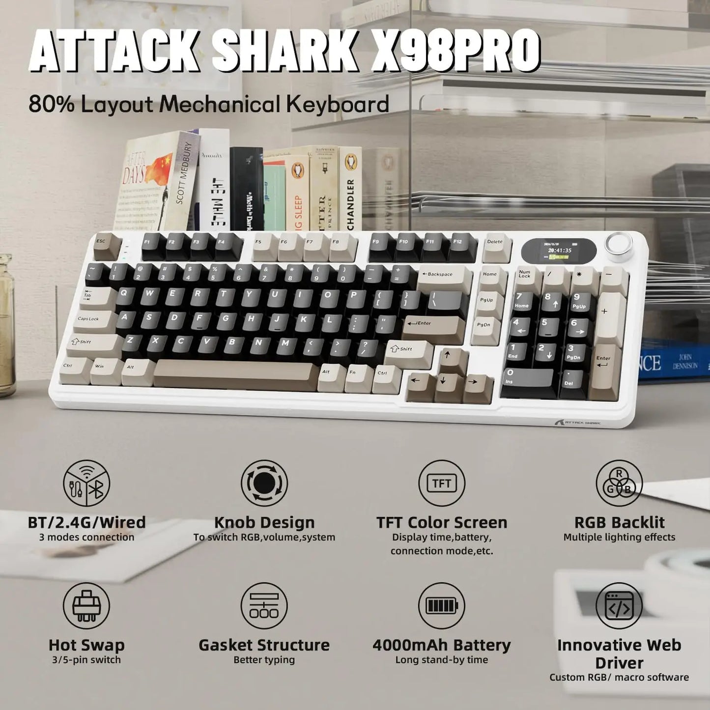ATTACK SHARK X98Pro Wireless Mechanical Keyboard with Screen & Knob, Tri-mode Gasket Hot Swappable RGB Keyboard, Web Driver