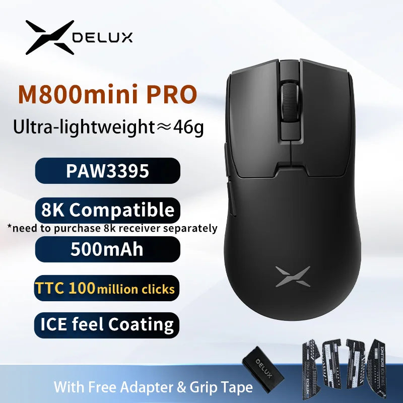 Bezdrôtová herná myš Delux M800mini, ľahká 46g, PAW3395/PAW3311, frekvencia odozvy 1KHz pre PC hráčov s malými až stredne veľkými rukami
