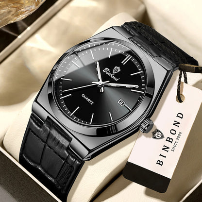 BINBOND luxury quartz wristwatch for men – Water-resistant, luminous, with automatic date – Professional, sporty, trendy and casual styles – Leather strap
