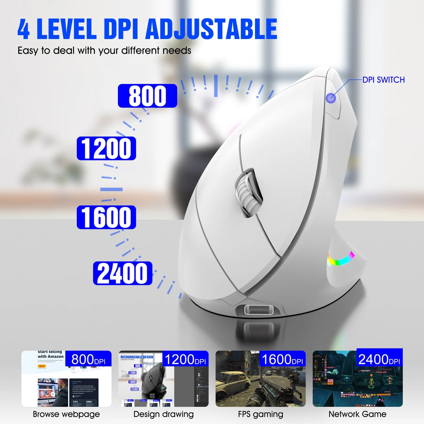 Wireless Vertical Mouse 2.4GHz Ergonomic Optical Mouse, Adjustable DPI Wireless Vertical Mouse with RGB Backlight for Laptop, PC, Mac, Tablet & Office