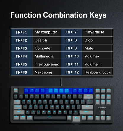 E-YOOSO K620 USB Mechanical Gaming Keyboard Wired Blue Red Switch Monochrome LED Backlit 87 Key for Compute Laptop PC