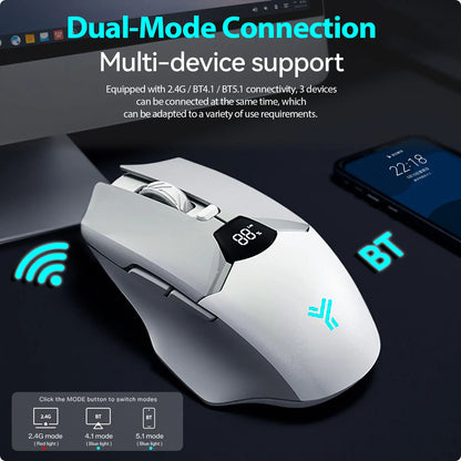Rato Bluetooth Sem Fios com Indicador Digital de Bateria, Rato Ergonómico Silencioso para PC, Portátil e Gaming, 2.4G/Bluetooth 5.0