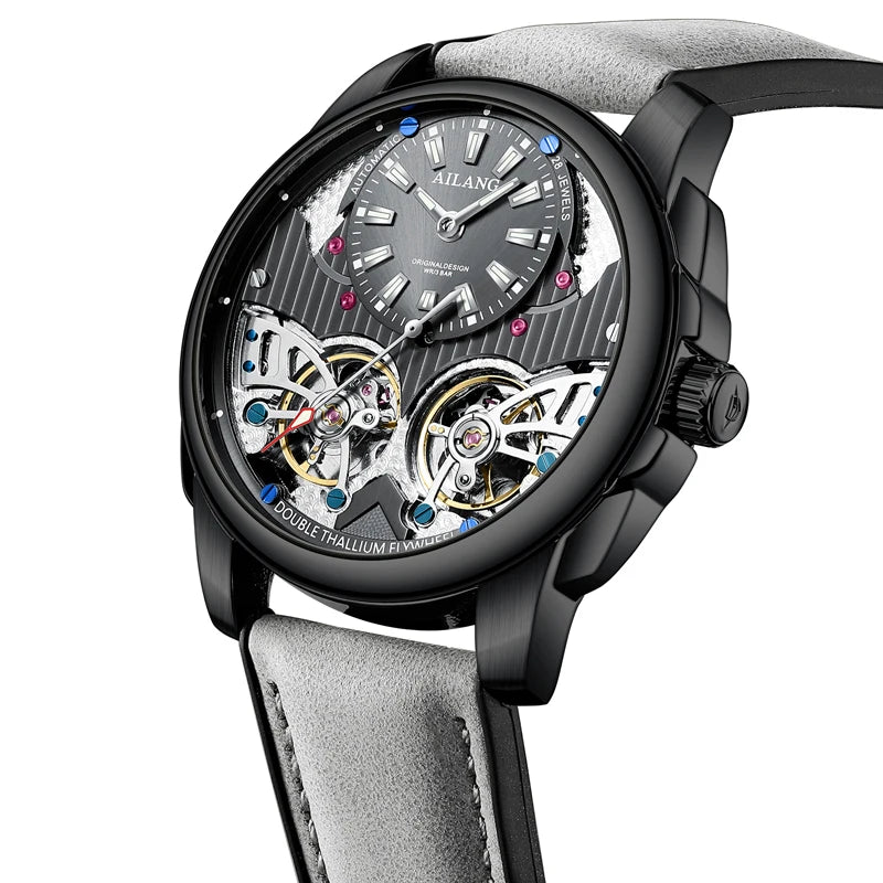 AILANG Automatic Mechanical Waterproof Sport Military Men Watch Luxury Double Tourbillon Man Wristwatch Leather Strap