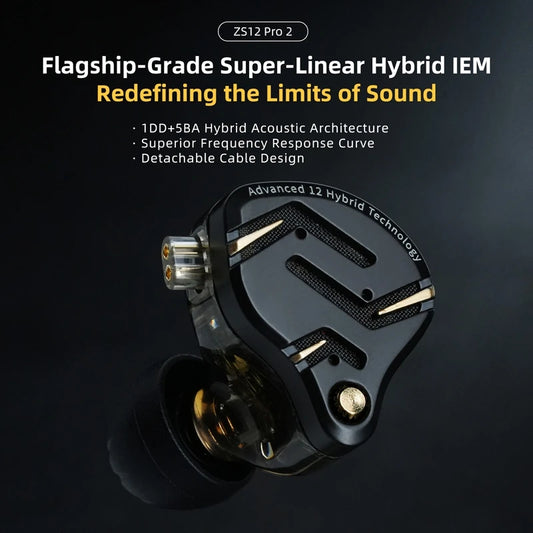 KZ ZS12 PRO 2 Hybrid IEM Earphones – HiFi Bass Wired Gaming Earbuds with Super-Linear Drivers