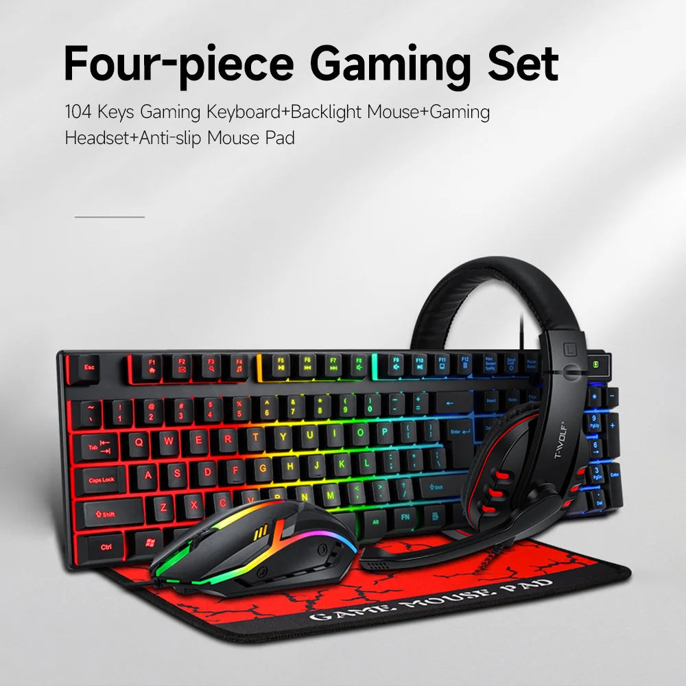 Keyboard Mouse Combo 4-piece Gaming Combo Ergonomic 104 Keys Keyboard 4-color Breathing Light Mouse Headset Anti-slip Mouse Pad