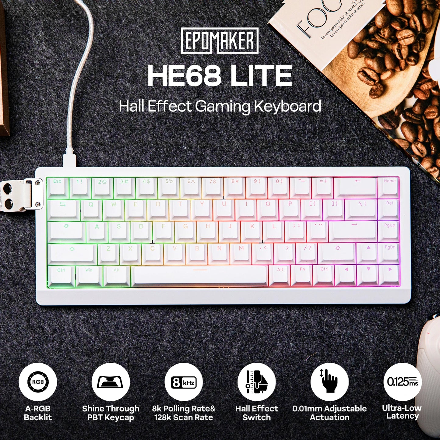 EPOMAKER HE68 Lite 65% ANSI US Layout Tray-Mounted Wired Hall Effect Magnetic Mechanical Keyboard DKS SOCD RGB Backlight