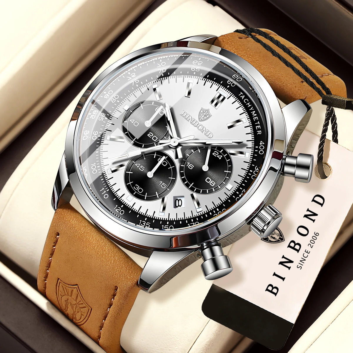 Robust and accurate BINBOND quartz chronograph watch for men, luxury, with automatic date, luminous hands and water-resistant, casual style.