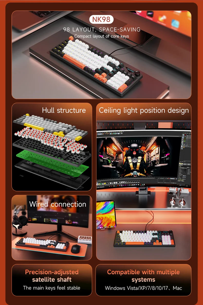 AJAZZ NK98 Wired Mechanical Keyboard: Full-Key Hot-Swap, 98-Key Layout for Precise Performance; Wired, Stable Control, Multi-System Compatibility; Windows Vista/XP/7/8/10/17, Mac: Wired connection for stable control and low l
