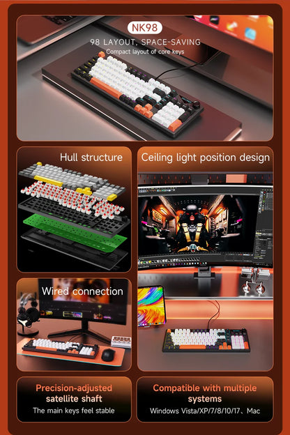 AJAZZ NK98 Wired Mechanical Keyboard: Full-Key Hot-Swap, 98-Key Layout for Precise Performance; Wired, Stable Control, Multi-System Compatibility; Windows Vista/XP/7/8/10/17, Mac: Wired connection for stable control and low l
