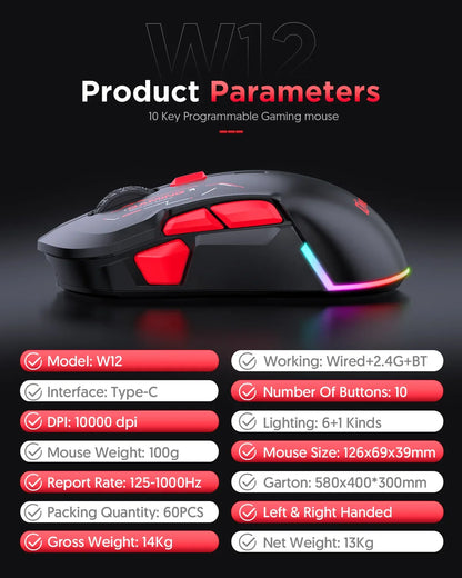 Mouse gaming macro MKESPN W12 cu 10 butoane, ambidextru, wireless Bluetooth, multicanal, tri-mode, ergonomic, RGB mare