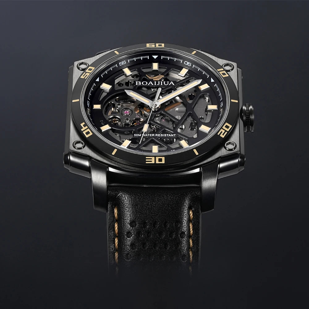 BORIAGE(BOAIJIUA) Men's Fully Automatic Mechanical Watch Original Design Cut out 50m Water Resistant Luminous Wristwatch