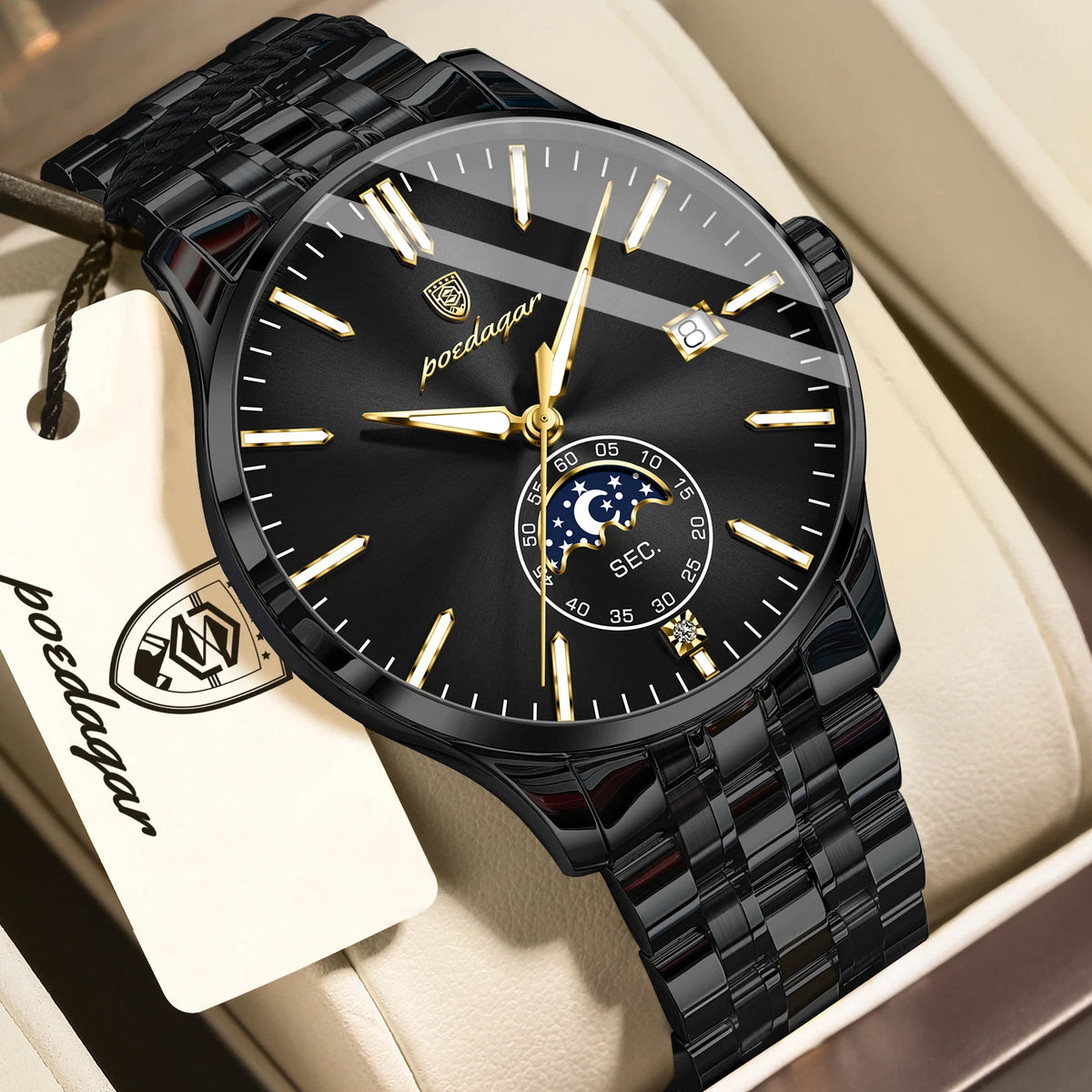 Relógio de luxo para homem POEDAGAR, estilo casual, em aço inoxidável, com movimento de quartzo, à prova de água, luminoso, com data, elegante.