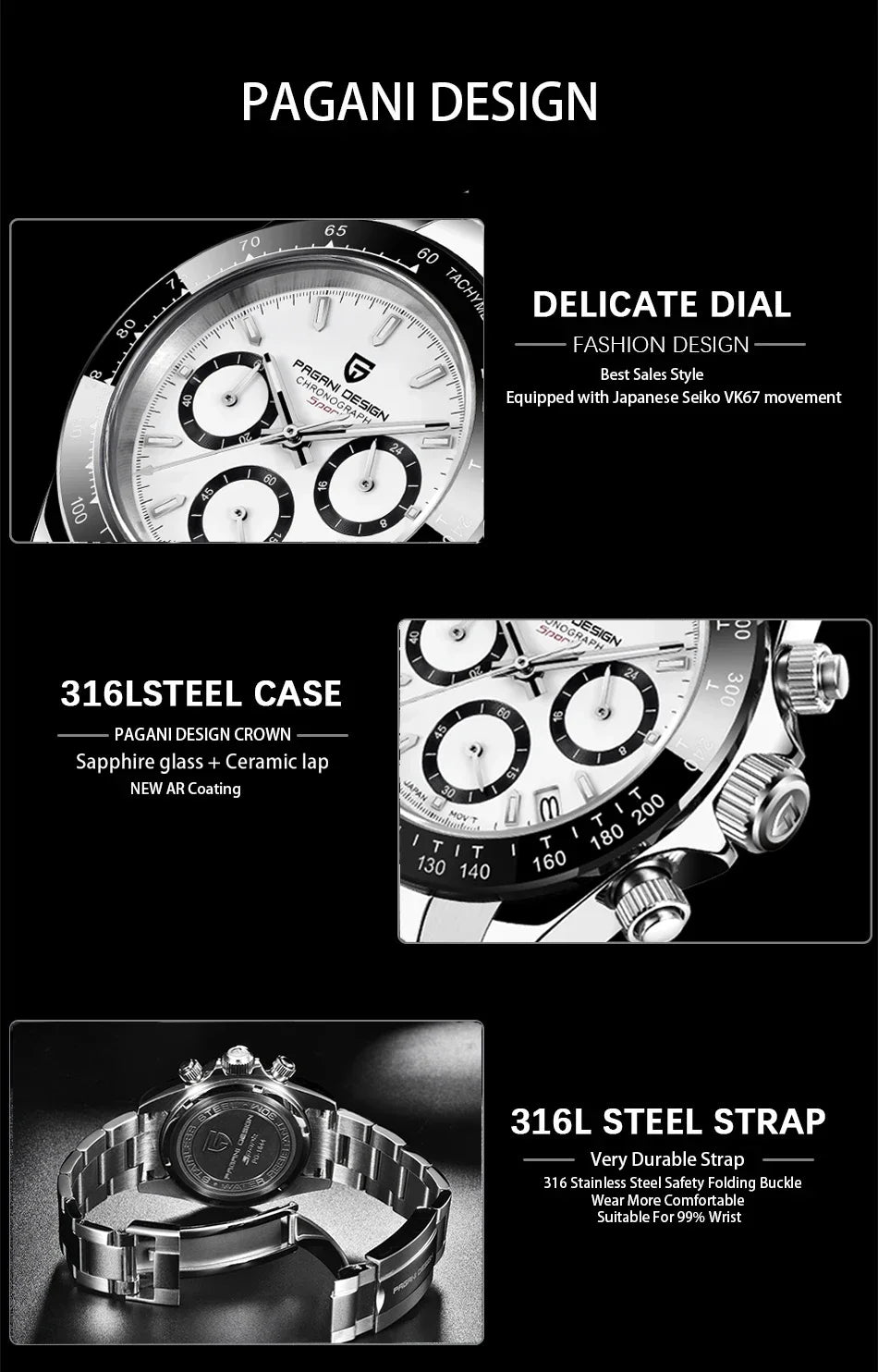 Novo PAGANI DESIGN PD1644 Relógio de Luxo para Homem em Quartzo com Data Automática, Cronógrafo Desportivo de Pulso, Impermeável 100m, Presente para Homem