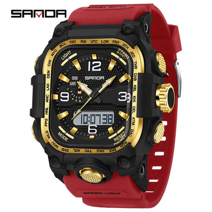 SANDA 6310 Men's Electronic Watch Multifunctional Luminous Alarm Clock Calendar Stopwatch Dual Display Digital Watches for Man