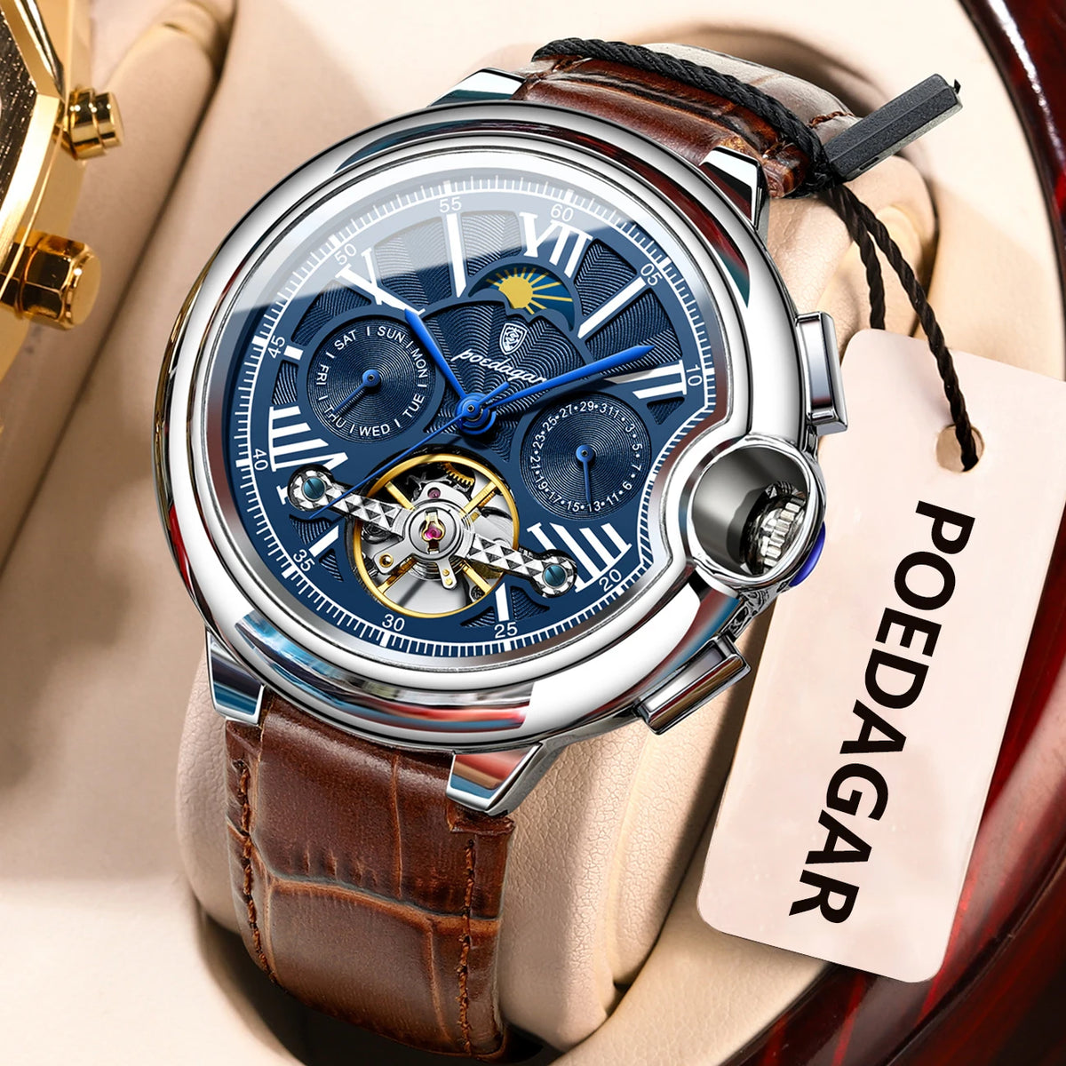 POEDAGAR Herrenuhr im luxuriösen und professionellen Stil, mit Datums- und Wochentagsanzeige, Tourbillon, Edelstahlgehäuse, mechanischem Automatikwerk und Wasserdichtigkeit.