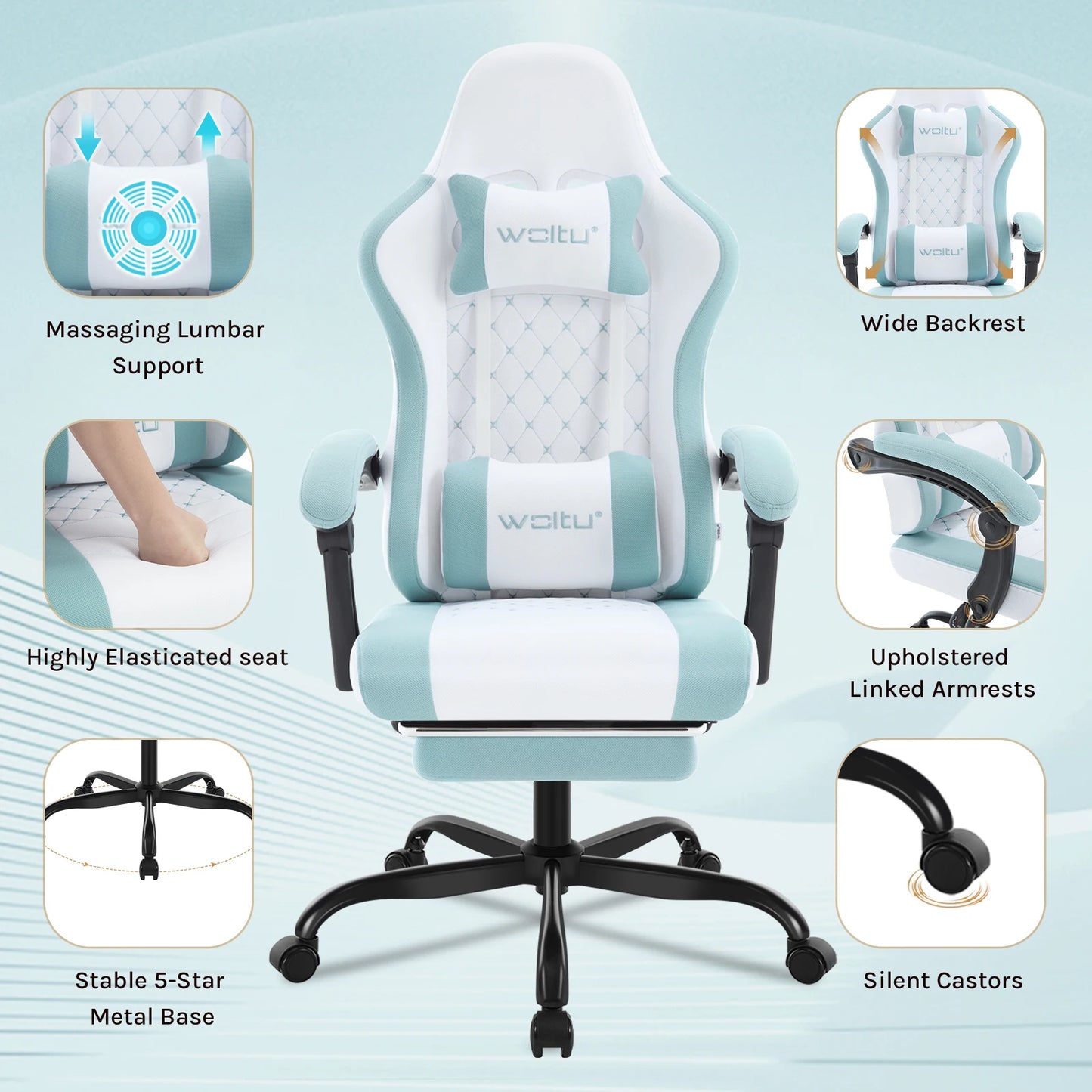 WOLTU snurrbar datorstol med massagefunktion, ergonomisk kontorsstol med kudde och fotstöd, höjdjusterbar gamingstol